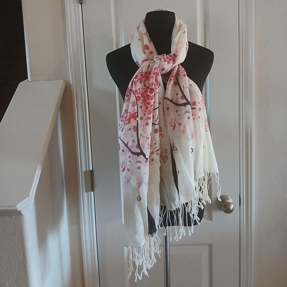 Romantic feminine cream pashmina 100% wool scarf pink floral tree butterfly